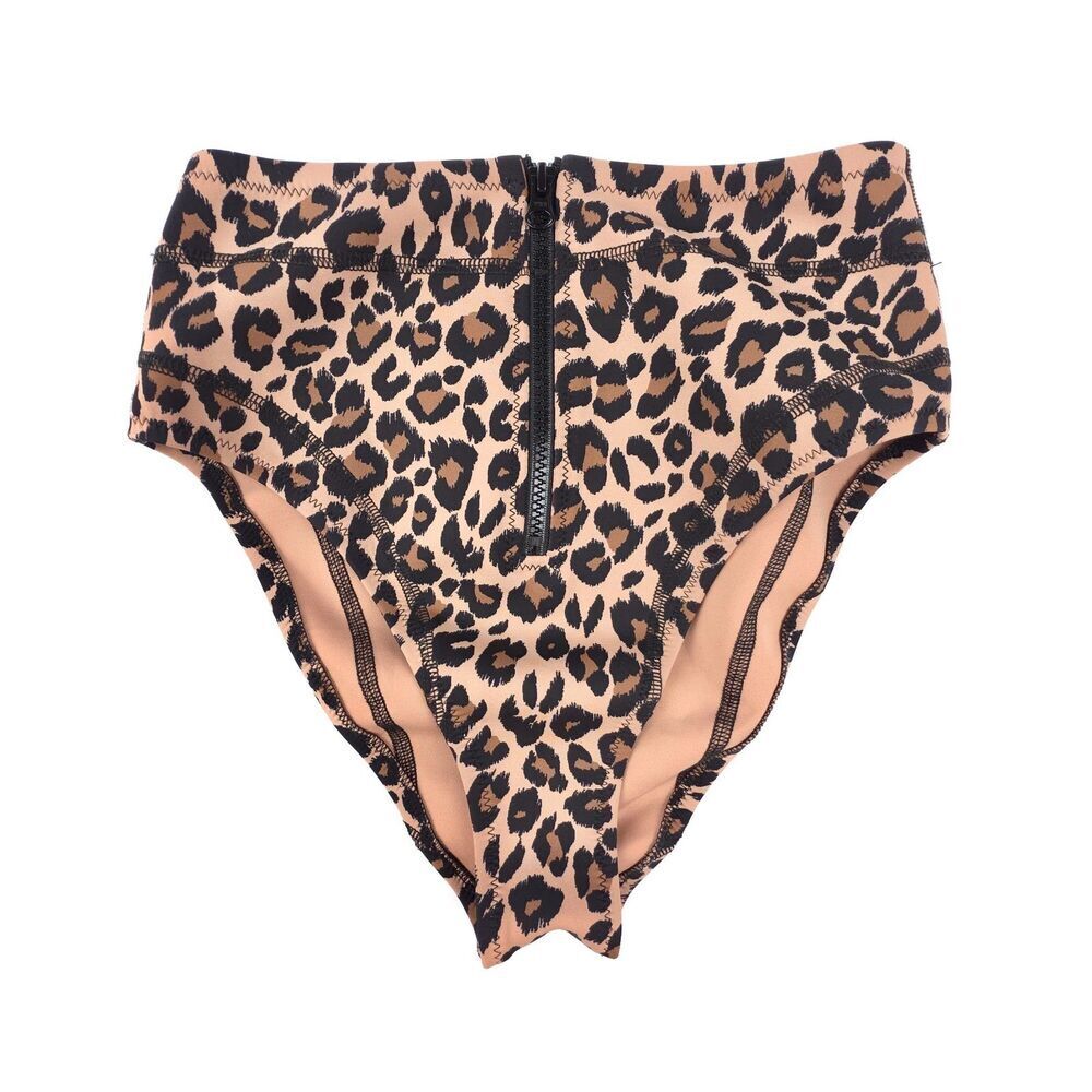 NEW GIGI C Lillian Bikini Bottom Brown Leopard Print Zipper 90s Swimwear Y2k